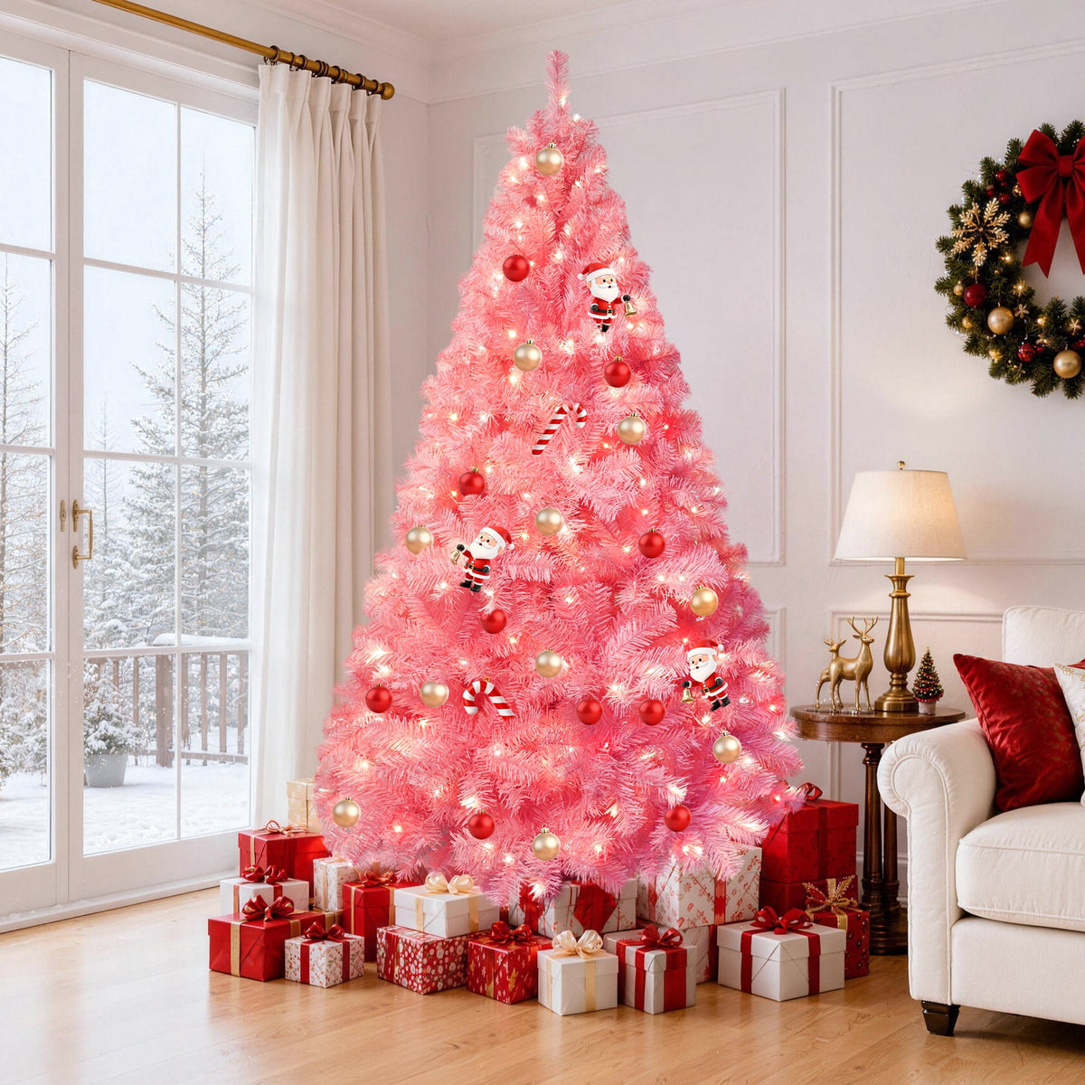 Yexmas 6ft Pre-Lit Pink Christmas Tree,Artificial Christmas Tree with 1000 PVC Branches,300 Multicolor Lights,Metal Hinges,Xmas Tree for Home,Holiday Party Decorations