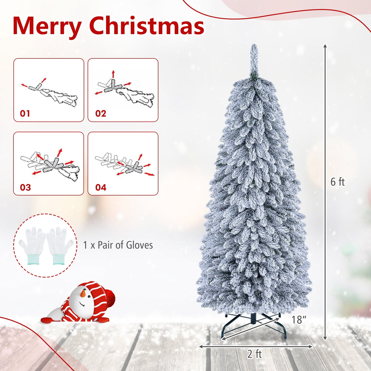 Costway 5 FT Pre-Lit Slim Christmas Tree Flocked Xmas Decoration 11 Modes 150 LED Lights