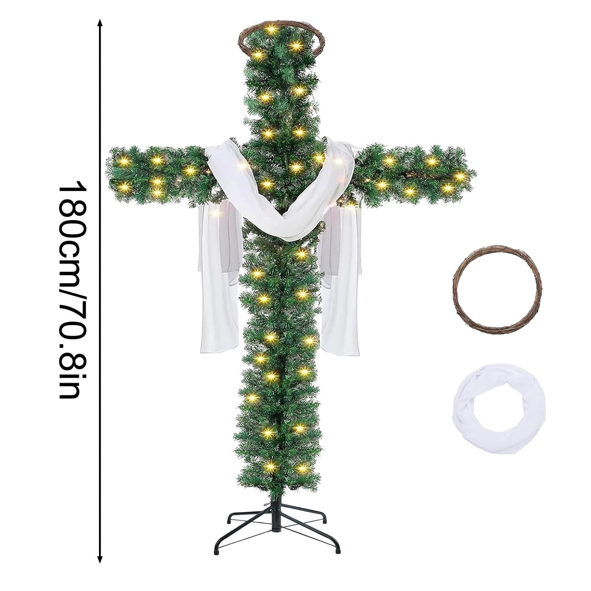 Christmas Tree Shaped Like a Cross, Foldable Cross Christmas Tree, Pre-Lit Artificial Pine Christmas Cross, White Scarves and Wooden Rattan Ring, Large Christmas Decorations (S)