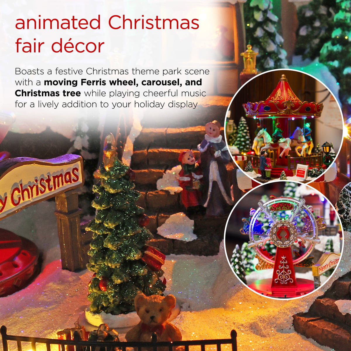 Alpine Corporation Animated Children Playing in Christmas Village Holiday Tabletop Decor with 26 Multicolor LED Lights and 5.9' Cord, 17" L x 11" W x 9" H