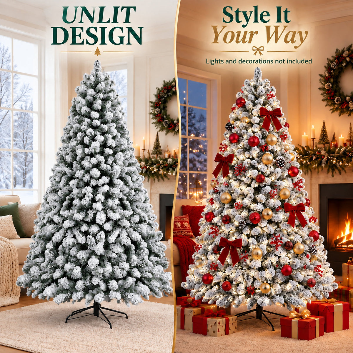SUGIFT 7.5ft Artificial Snow Flocked Christmas Tree, 1450 Branch Tips, Unlit Holiday Decor with Metal Stand
