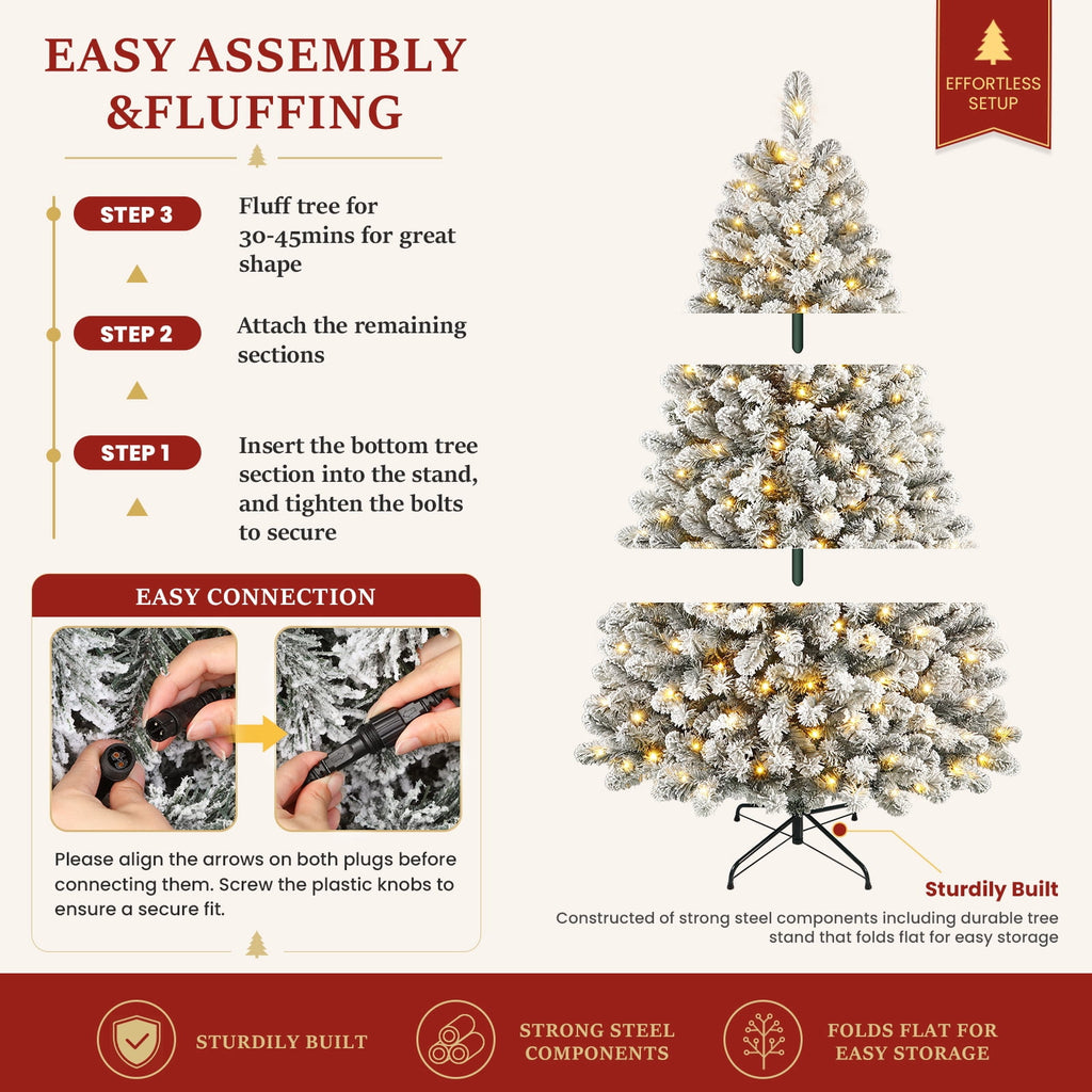 Lolsea 7ft Prelit Snow Flocked Artificial Holiday Christmas Tree w/ Warm White Lights, Foldable Stand, Full Snow Branch Tips