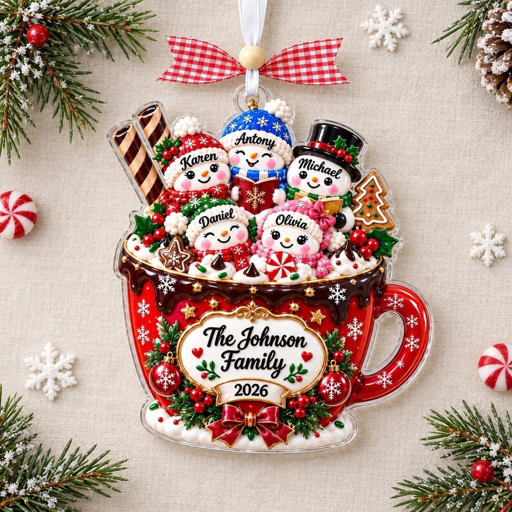 Family Ornament, Personalized Marshmallow Hot Cocoa Mug Design for Christmas Tree Decor and Holiday Keepsake