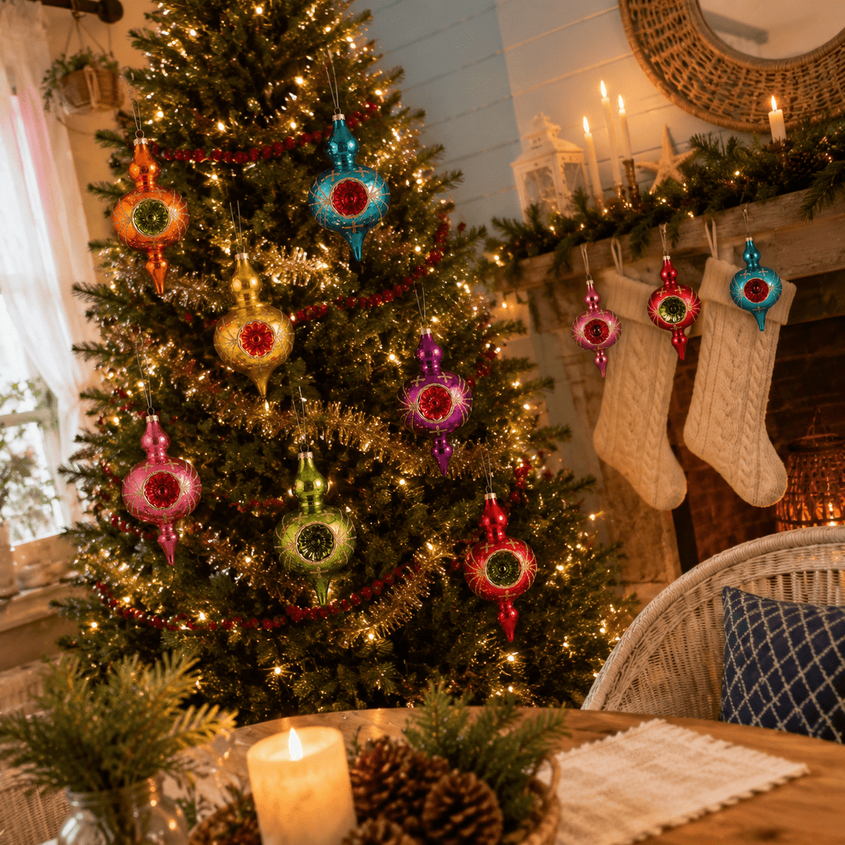 Multi Color Retro 8-Piece Vintage Glass Christmas Ornament Set
