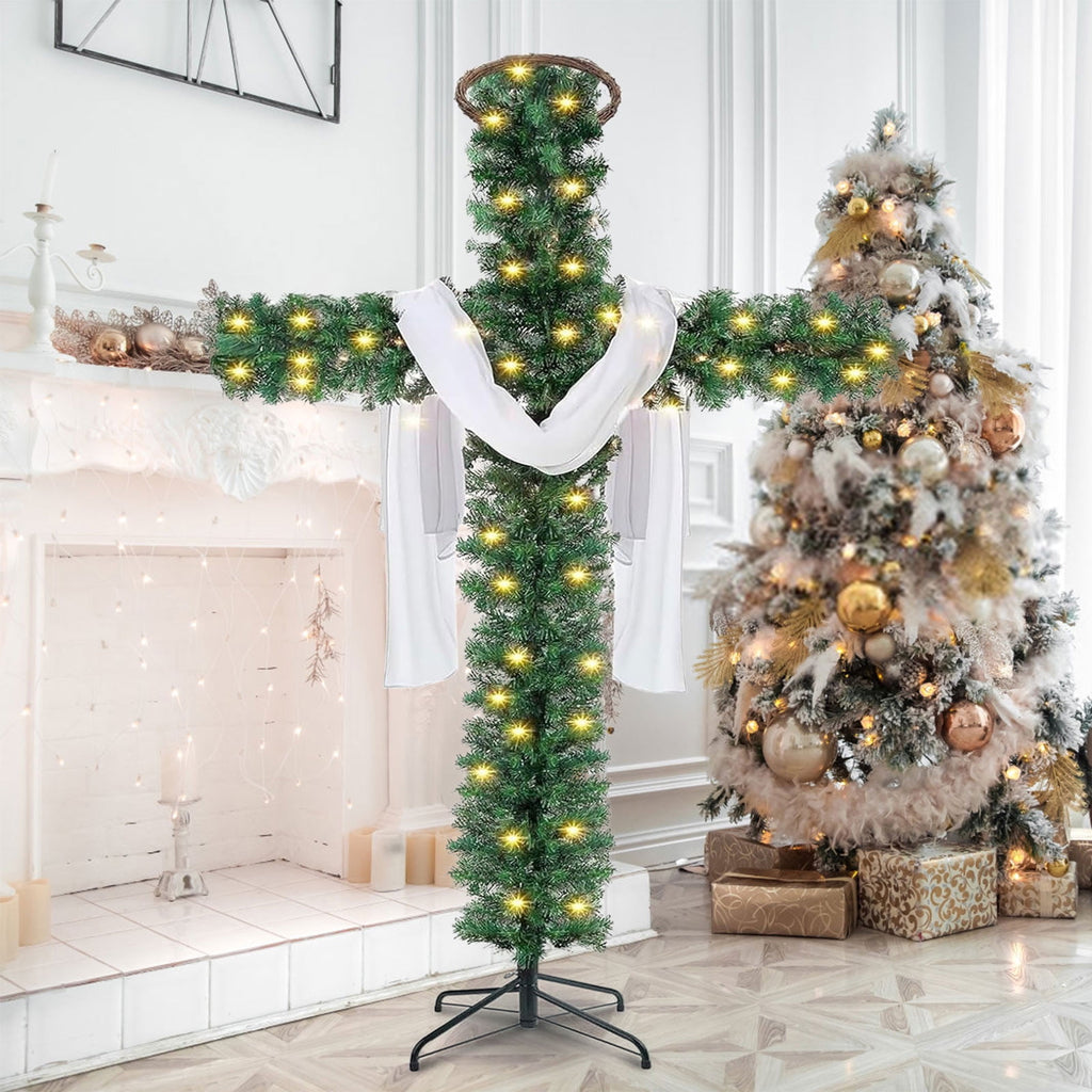 XEOVHV 6Ft Cross Christmas Tree,Foldable Cross Christmas Tree,Christmas Tree Shaped Like a Cross,Pre-Lit Artificial Pine Christmas Cross,with 50 LED Light and Silk Scarf Wood Rattan Ring