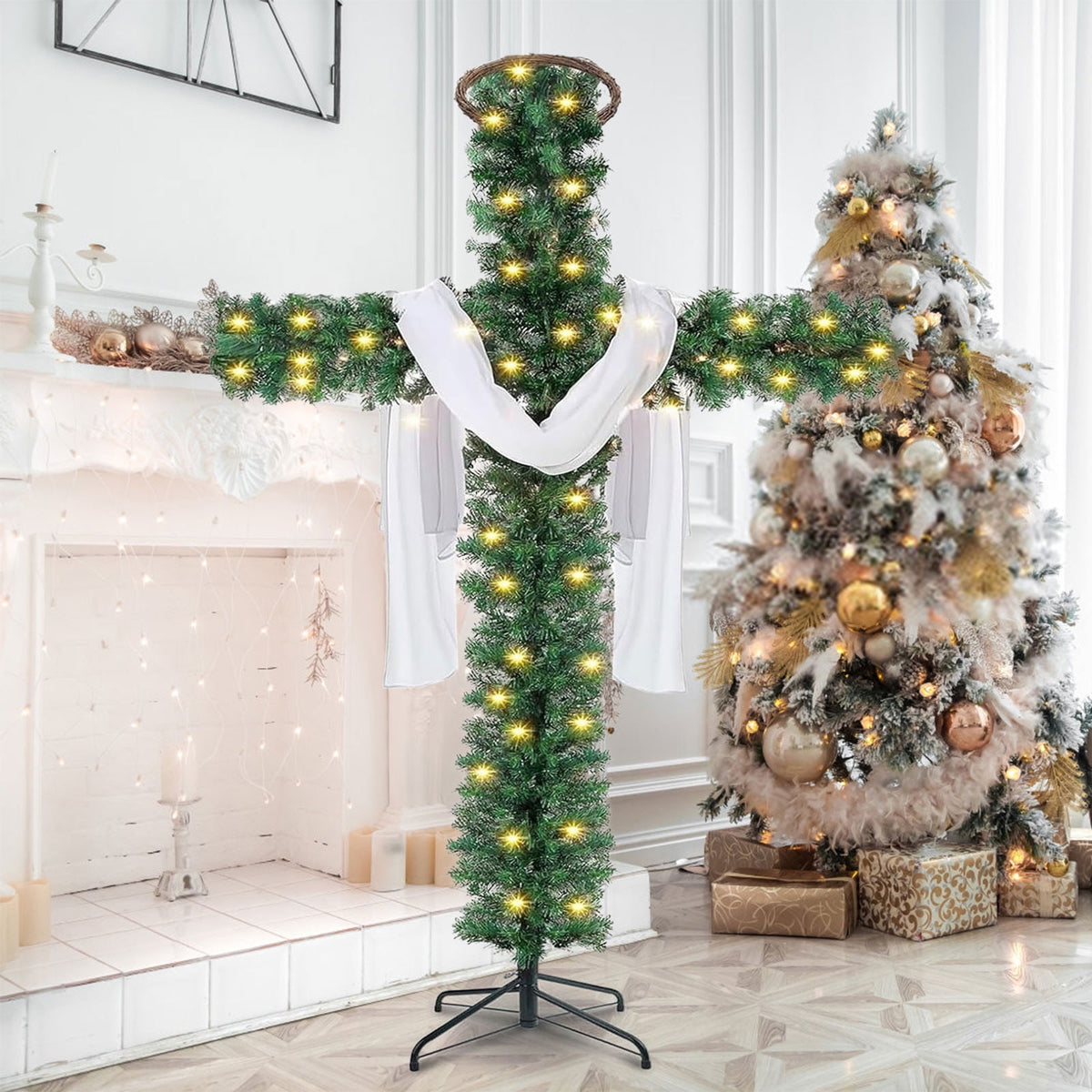 XEOVHV 6Ft Cross Christmas Tree,Foldable Cross Christmas Tree,Christmas Tree Shaped Like a Cross,Pre-Lit Artificial Pine Christmas Cross,with 50 LED Light and Silk Scarf Wood Rattan Ring