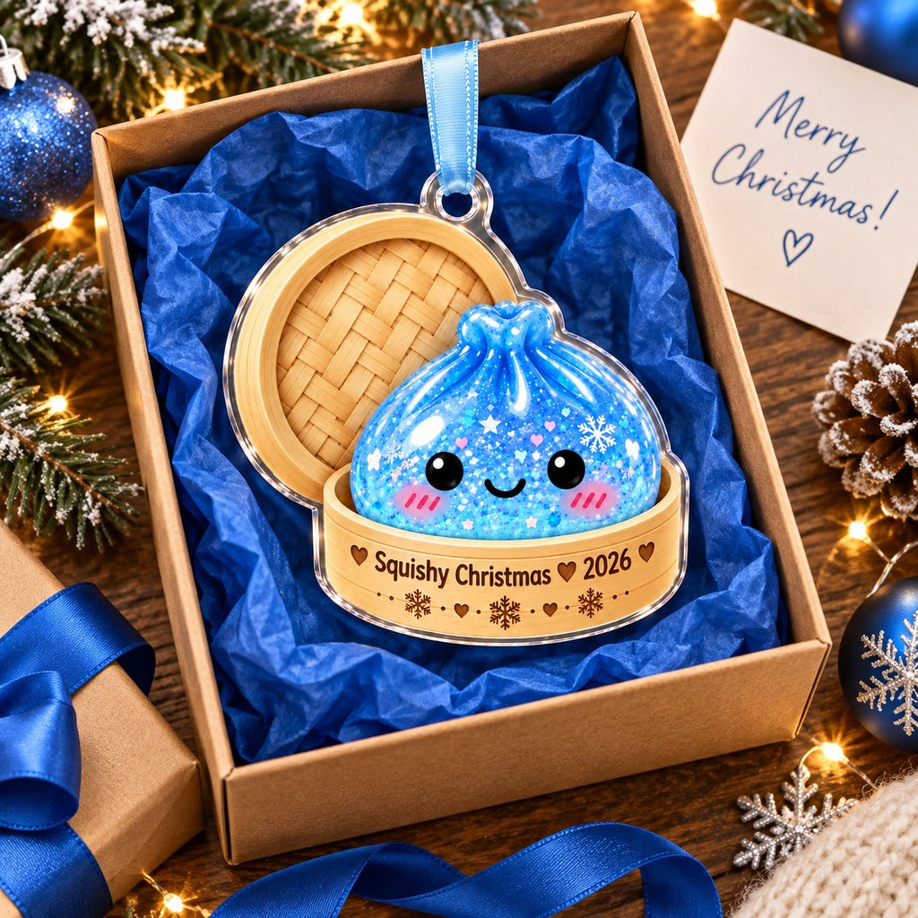 Christmas Ornament Blue Squishy Dumpling in Bamboo Steamer for Tree, Cute Squishy Lover Gift