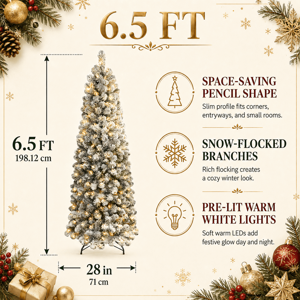 DRNEWI 6.5ft Prelit Snow Flocked Artificial Pencil Christmas Tree with Warm White Lights, Full Branch Tips, Perfect Choice Decoration for Xmas Holiday