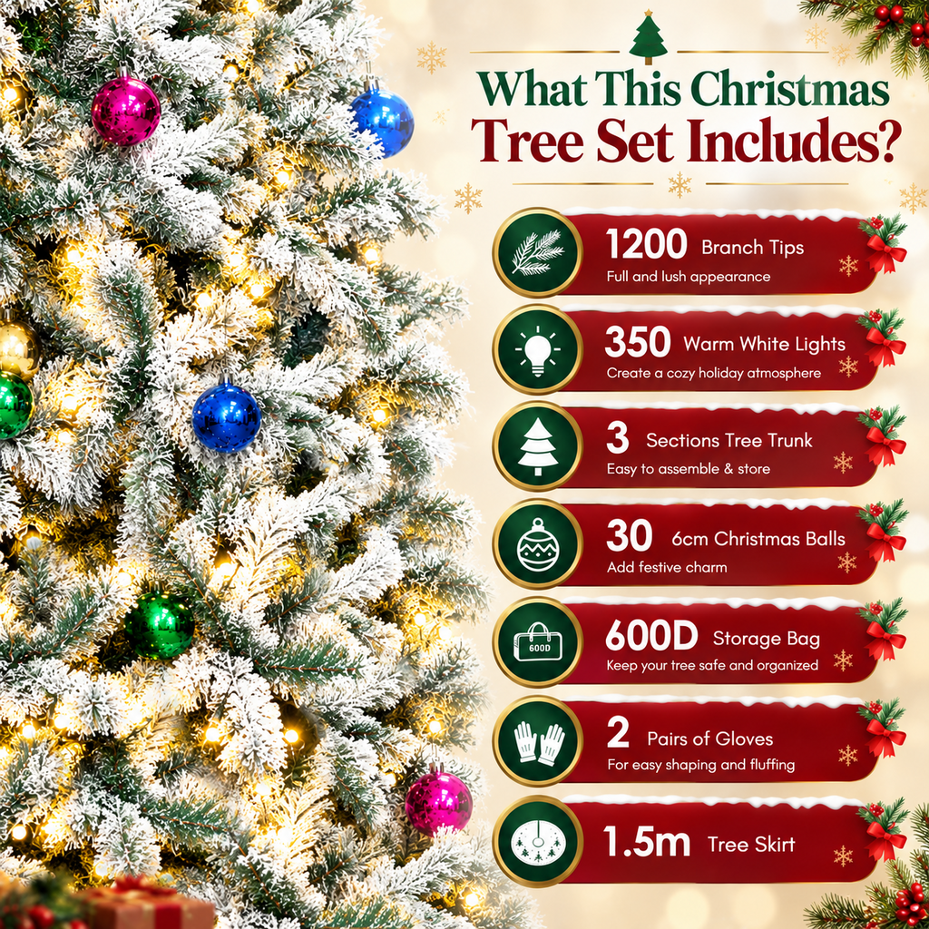 AUOSHI 7.5FT Snow Flocked Christmas Tree, Artificial White Christmas Tree with Large Storage Bag,11 Modes Warm White & Multicolor LED Lights,Indoor Holiday Home Decor
