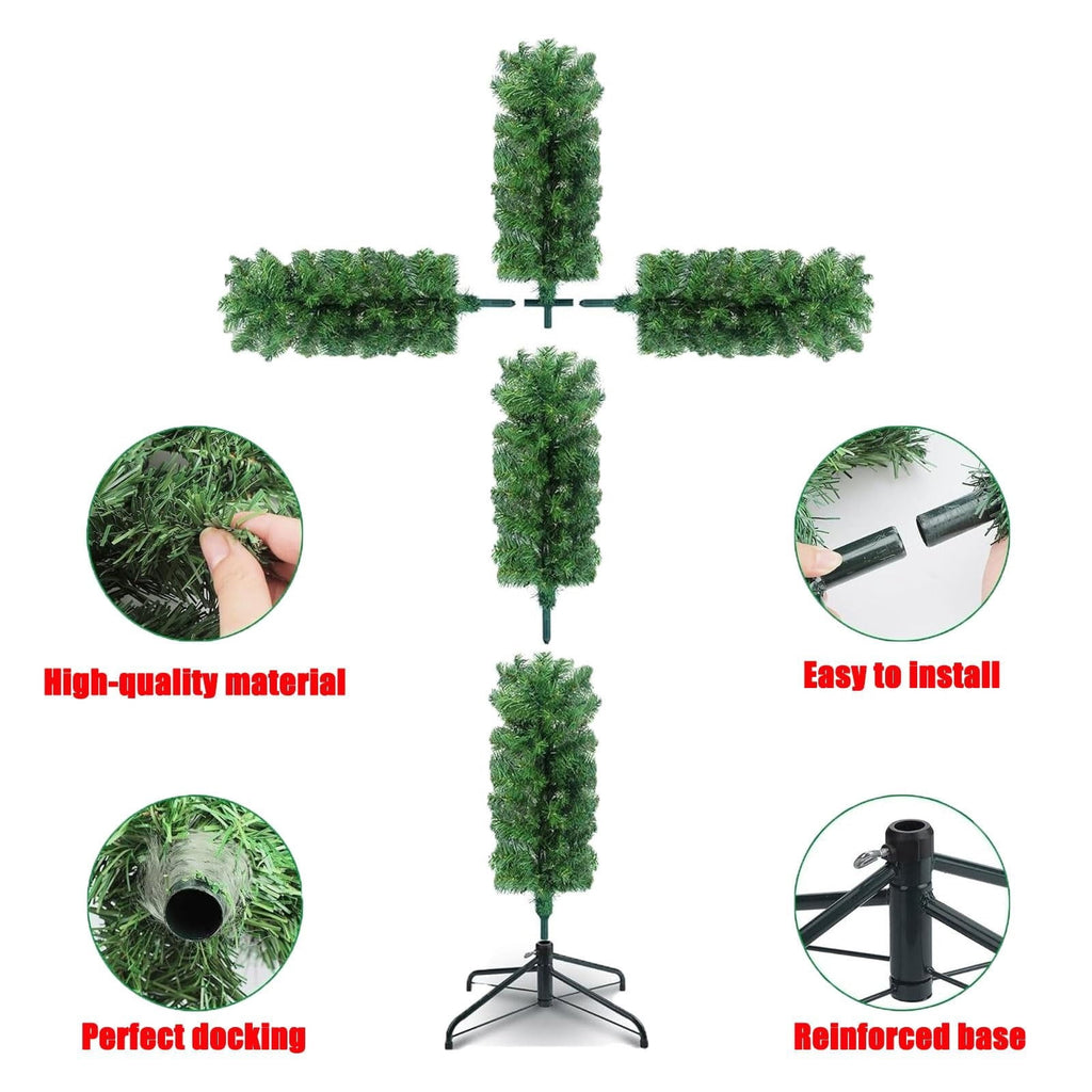Christmas Tree Shaped Like a Cross, Foldable Cross Christmas Tree, Pre-Lit Artificial Pine Christmas Cross, White Scarves and Wooden Rattan Ring, Large Christmas Decorations (S)