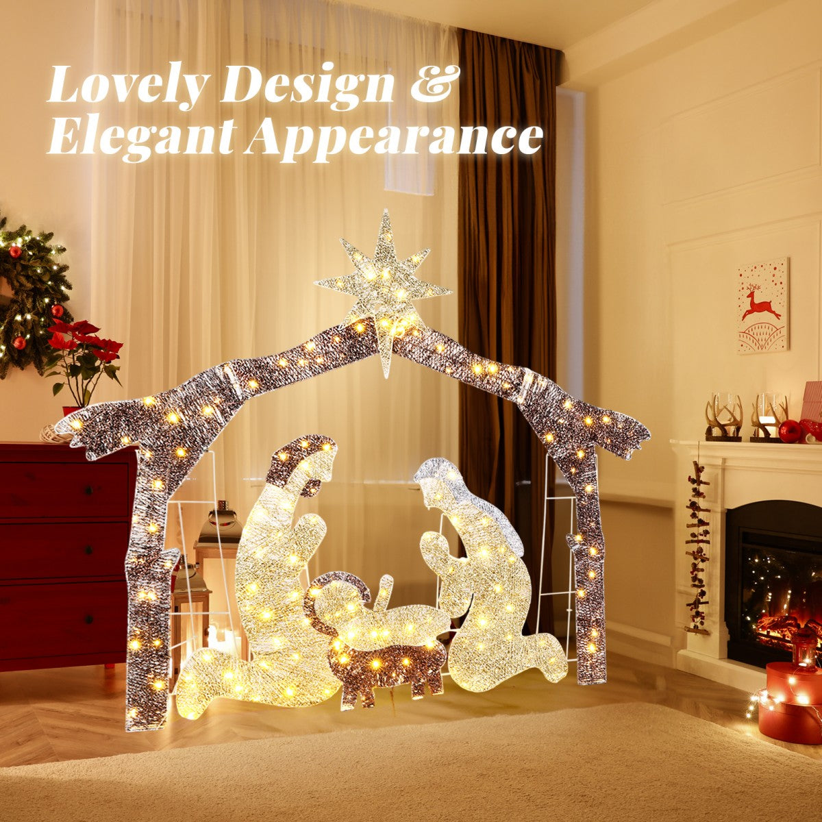 6ft Lighted Nativity Scene with 190 LED Warm White Lights – Silver Roof Garden Jesus Decoration, for Outdoor Christmas Decor