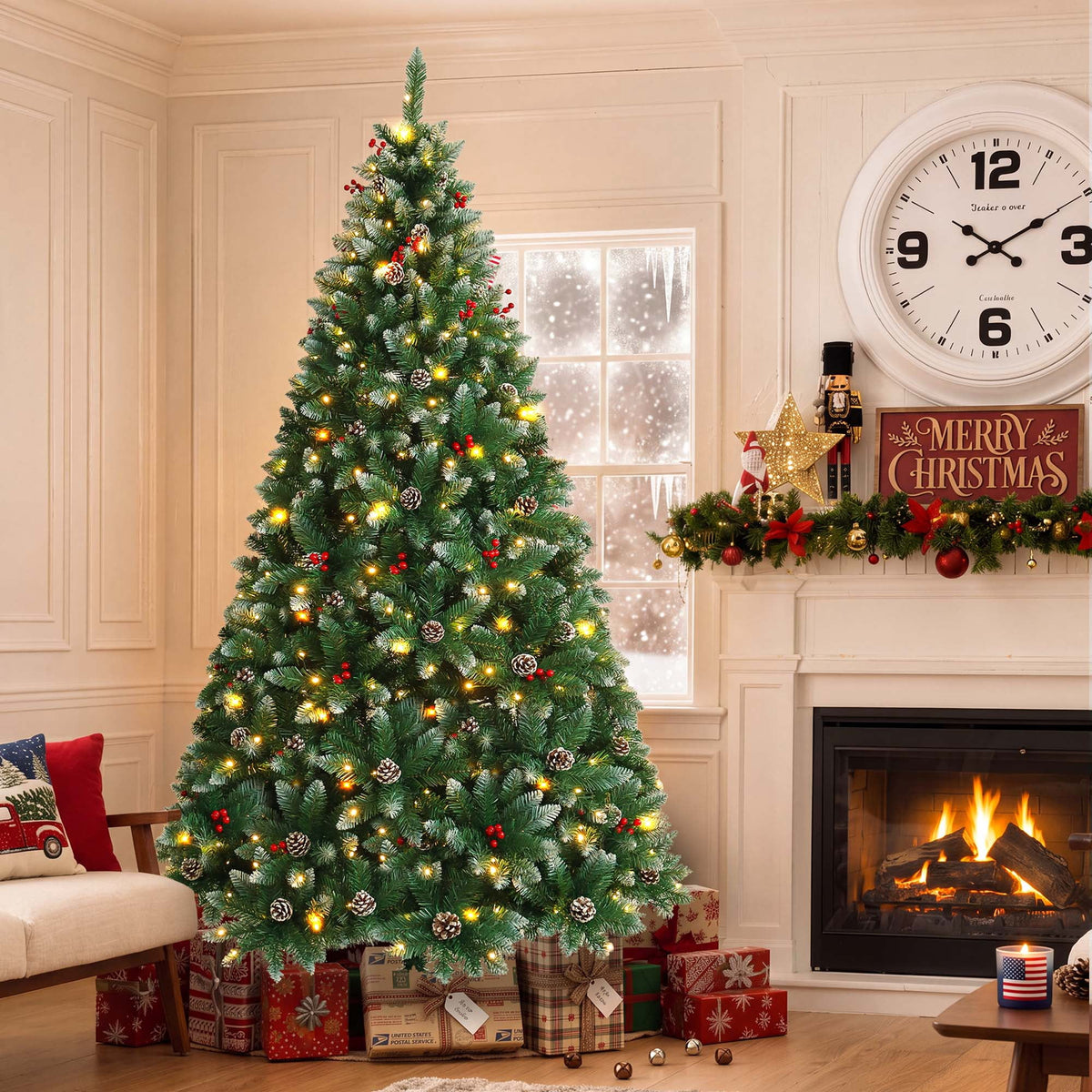 Yexmas 6FT Pre-Lit Christmas Tree with Pinecones and Red Berries,Artificial Green Xmas Tree with Large Storage Bag for Home, Office, Party Decoration