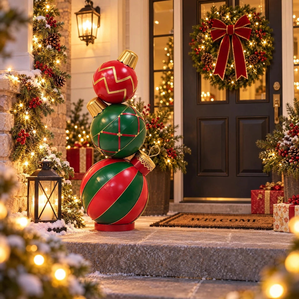 Jivora 12" Stacked Christmas Balls Decoration, Red Green Holiday Tabletop Ornament for Home