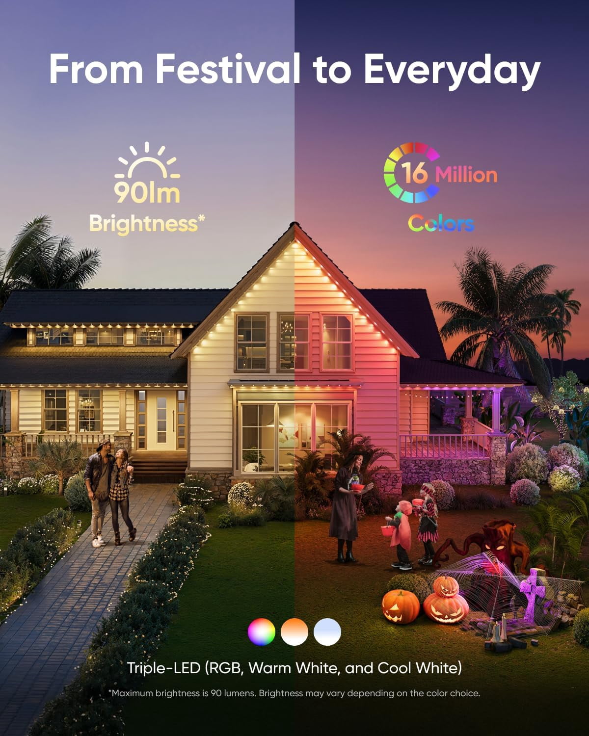 eufy Permanent Outdoor Lights E22, 50ft with 30 Triple-LED Lights, Smart RGBWW for Christmas, Daily and Holiday, IP67 Waterproof, AI Lighting Themes for Christmas Decorations, Links with Cameras