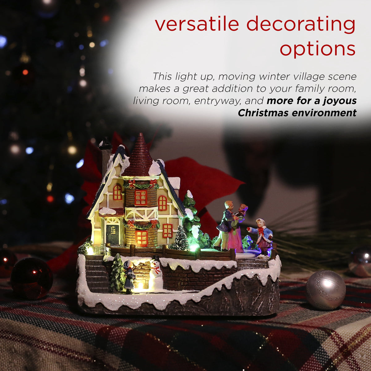 Alpine Corporation Animated Children Playing in Christmas Village Holiday Tabletop Decor with 26 Multicolor LED Lights and 5.9' Cord, 17" L x 11" W x 9" H