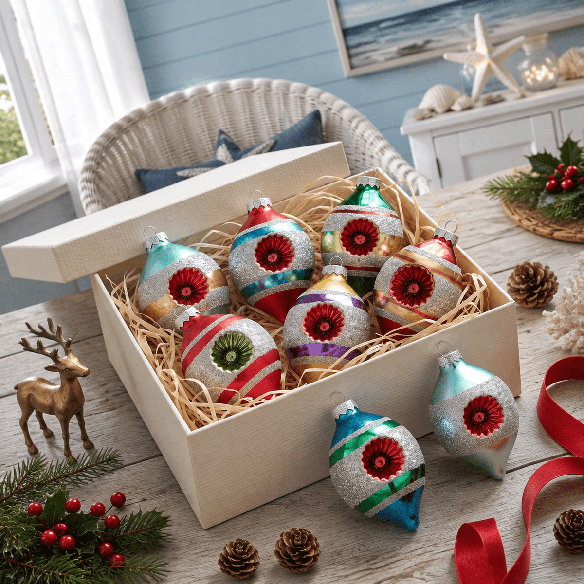 Multi Color Retro 8-Piece Vintage Glass Christmas Ornament Set