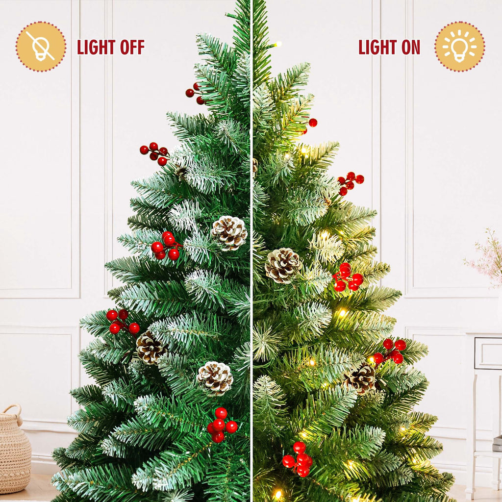 Yexmas 6FT Pre-Lit Christmas Tree with Pinecones and Red Berries,Artificial Green Xmas Tree with Large Storage Bag for Home, Office, Party Decoration