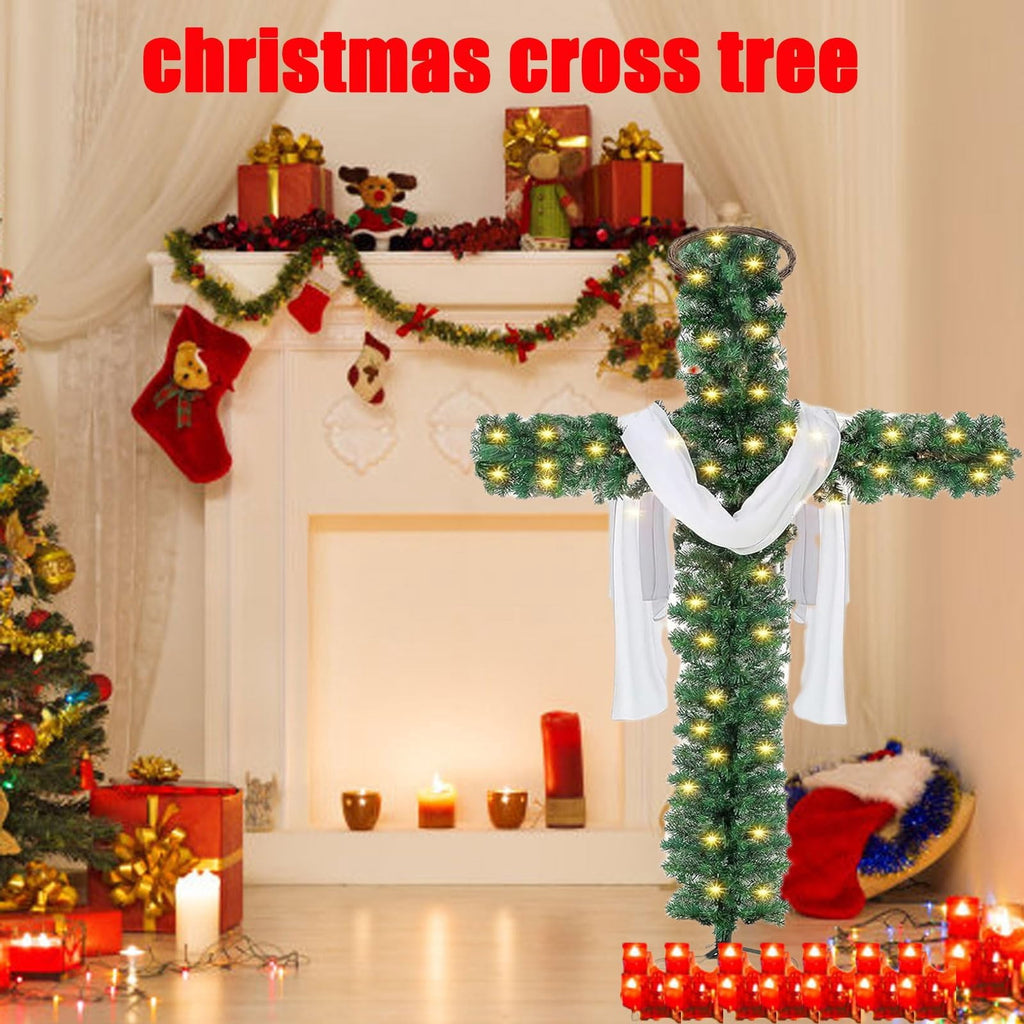Christmas Tree Shaped Like a Cross, Foldable Cross Christmas Tree, Pre-Lit Artificial Pine Christmas Cross, White Scarves and Wooden Rattan Ring, Large Christmas Decorations (S)