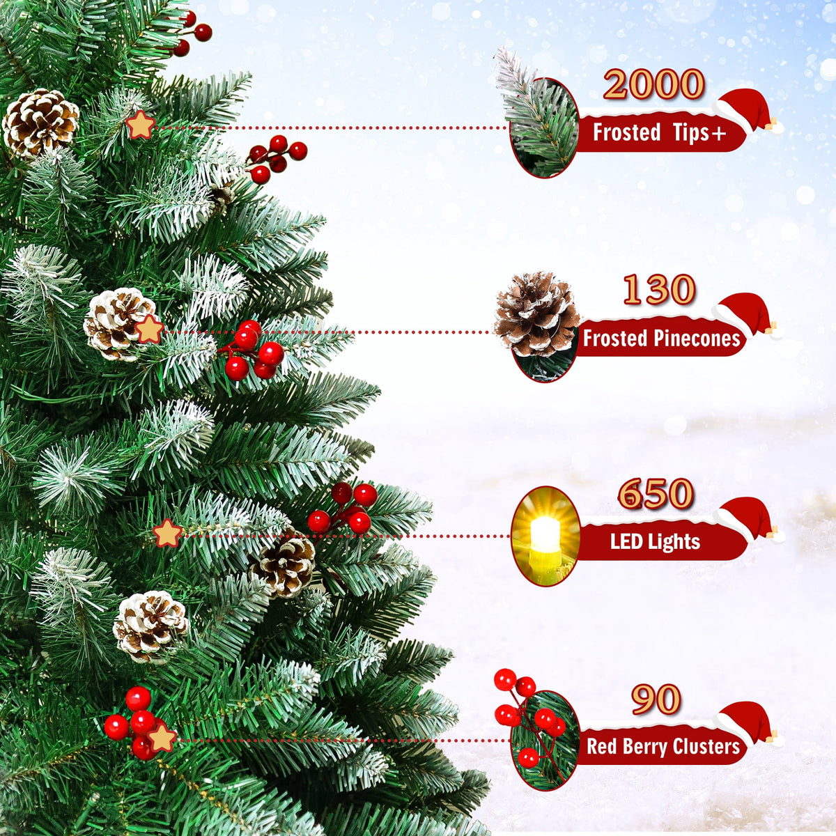 Yexmas 6FT Pre-Lit Christmas Tree with Pinecones and Red Berries,Artificial Green Xmas Tree with Large Storage Bag for Home, Office, Party Decoration