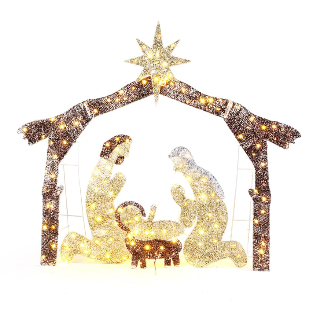 6ft Lighted Nativity Scene with 190 LED Warm White Lights – Silver Roof Garden Jesus Decoration, for Outdoor Christmas Decor