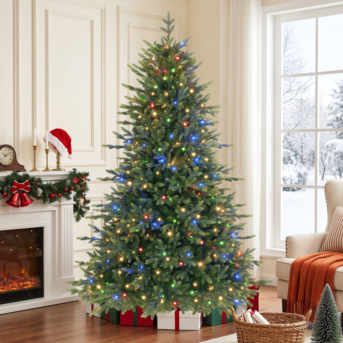 Lolsea 7ft Prelit Noble Fir Artificial Christmas Tree with Remote Control, Timer and Warm White & Multi-Color Lights