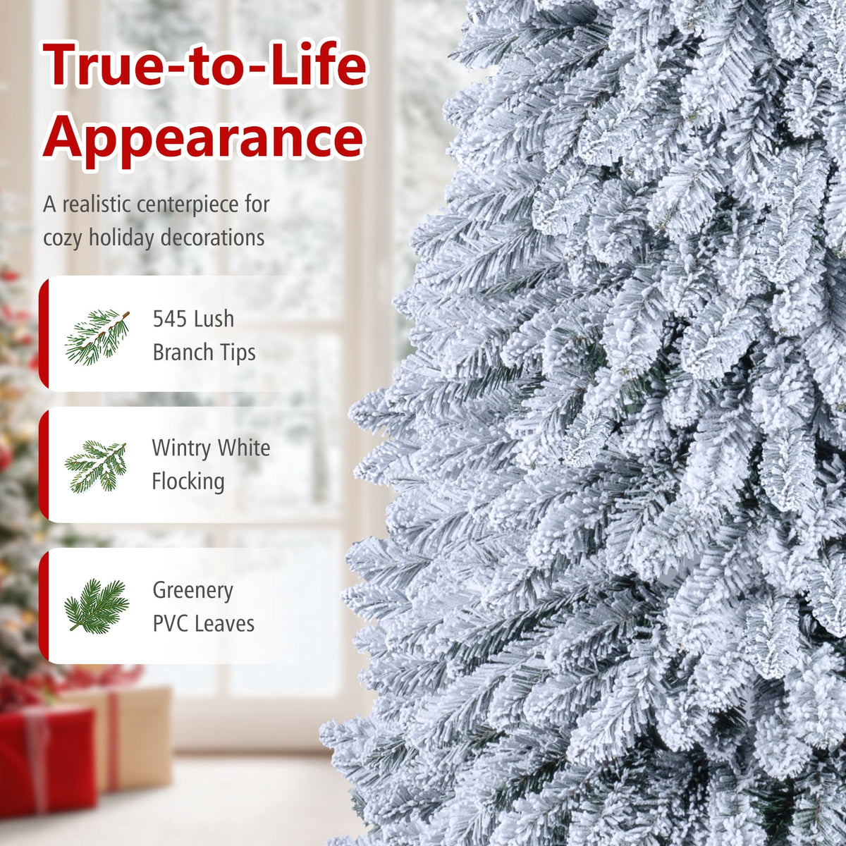 Costway 5 FT Pre-Lit Slim Christmas Tree Flocked Xmas Decoration 11 Modes 150 LED Lights