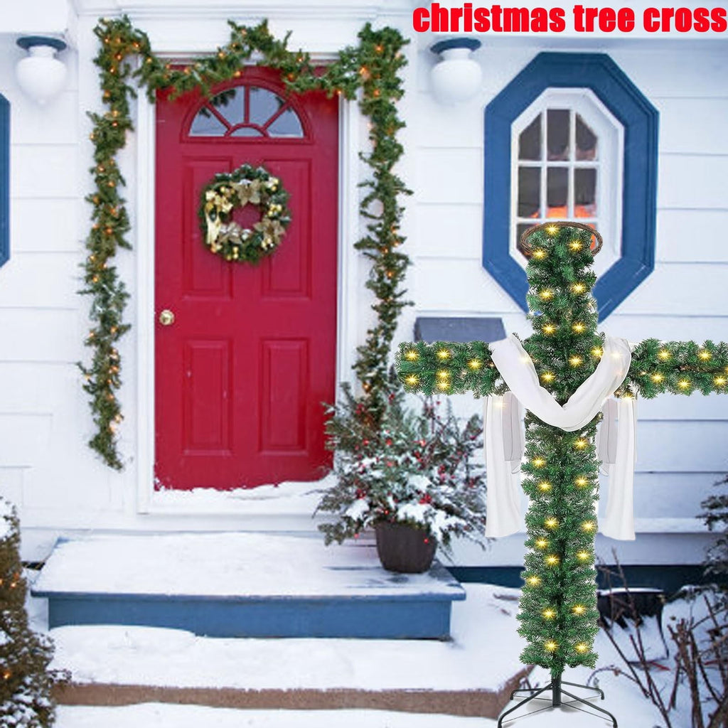 Christmas Tree Shaped Like a Cross, Foldable Cross Christmas Tree, Pre-Lit Artificial Pine Christmas Cross, White Scarves and Wooden Rattan Ring, Large Christmas Decorations (S)