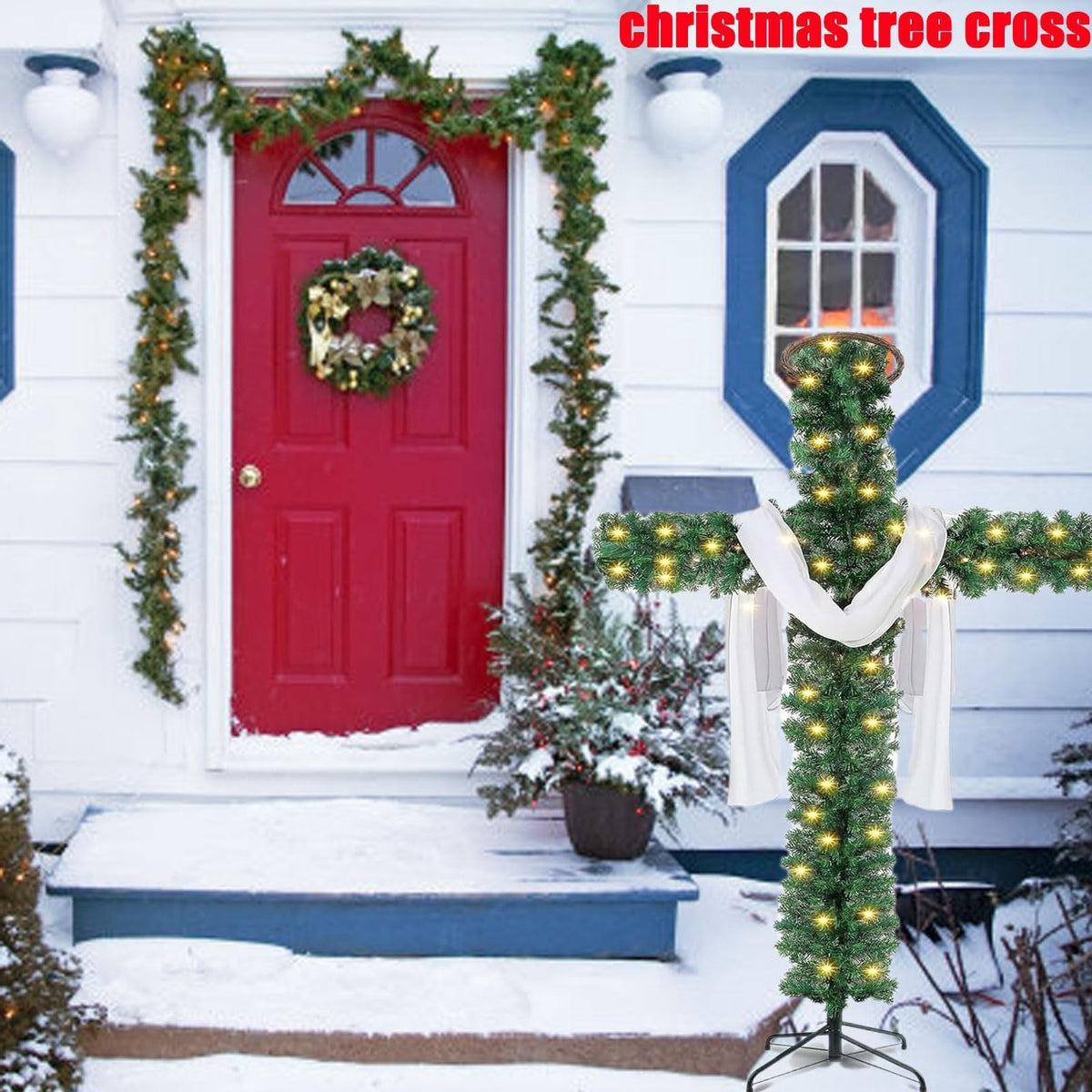 Christmas Tree Shaped Like a Cross, Foldable Cross Christmas Tree, Pre-Lit Artificial Pine Christmas Cross, White Scarves and Wooden Rattan Ring, Large Christmas Decorations (S)