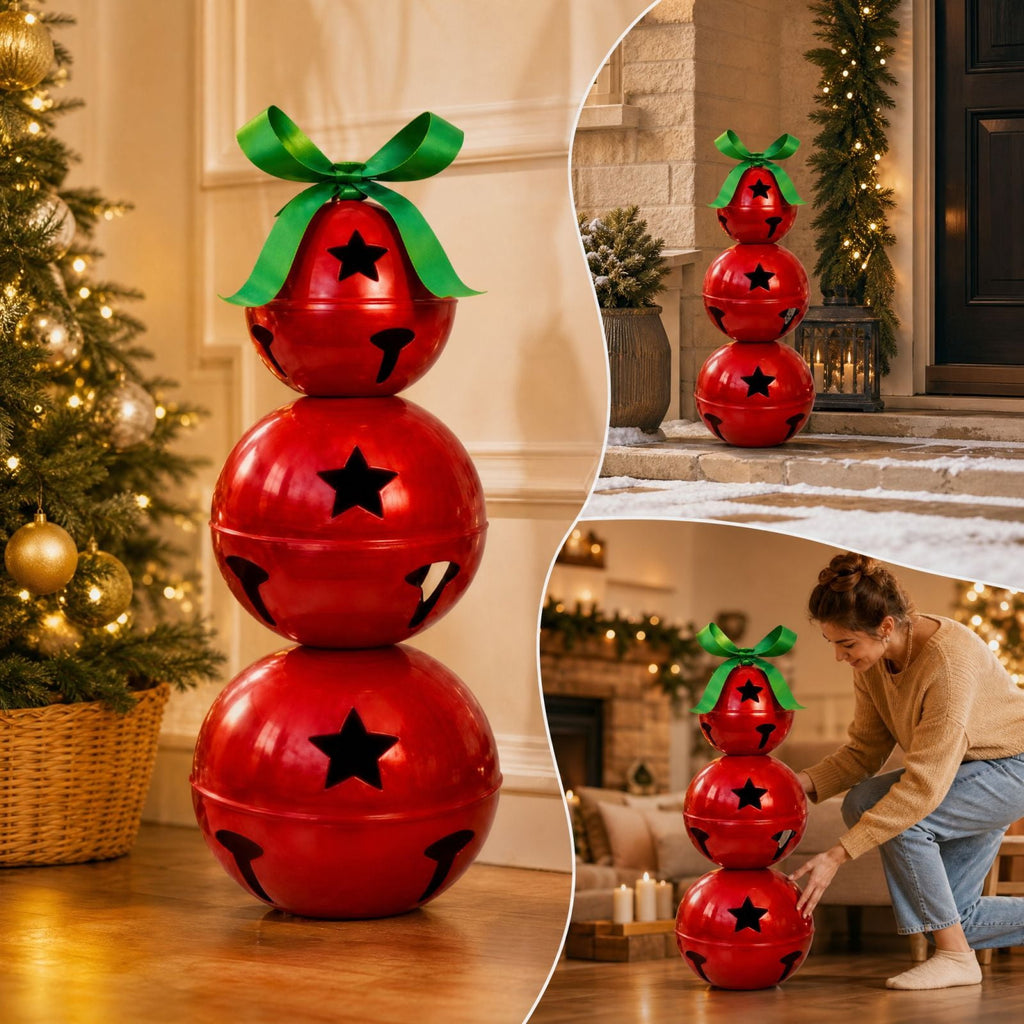 Stacked Christmas Bells, 23.6 Inch 3-Tier Red Metal Bell Decoration with Star Cutouts and Green Bow, Large Christmas Porch Decor for Mantel Entryway Holiday Display