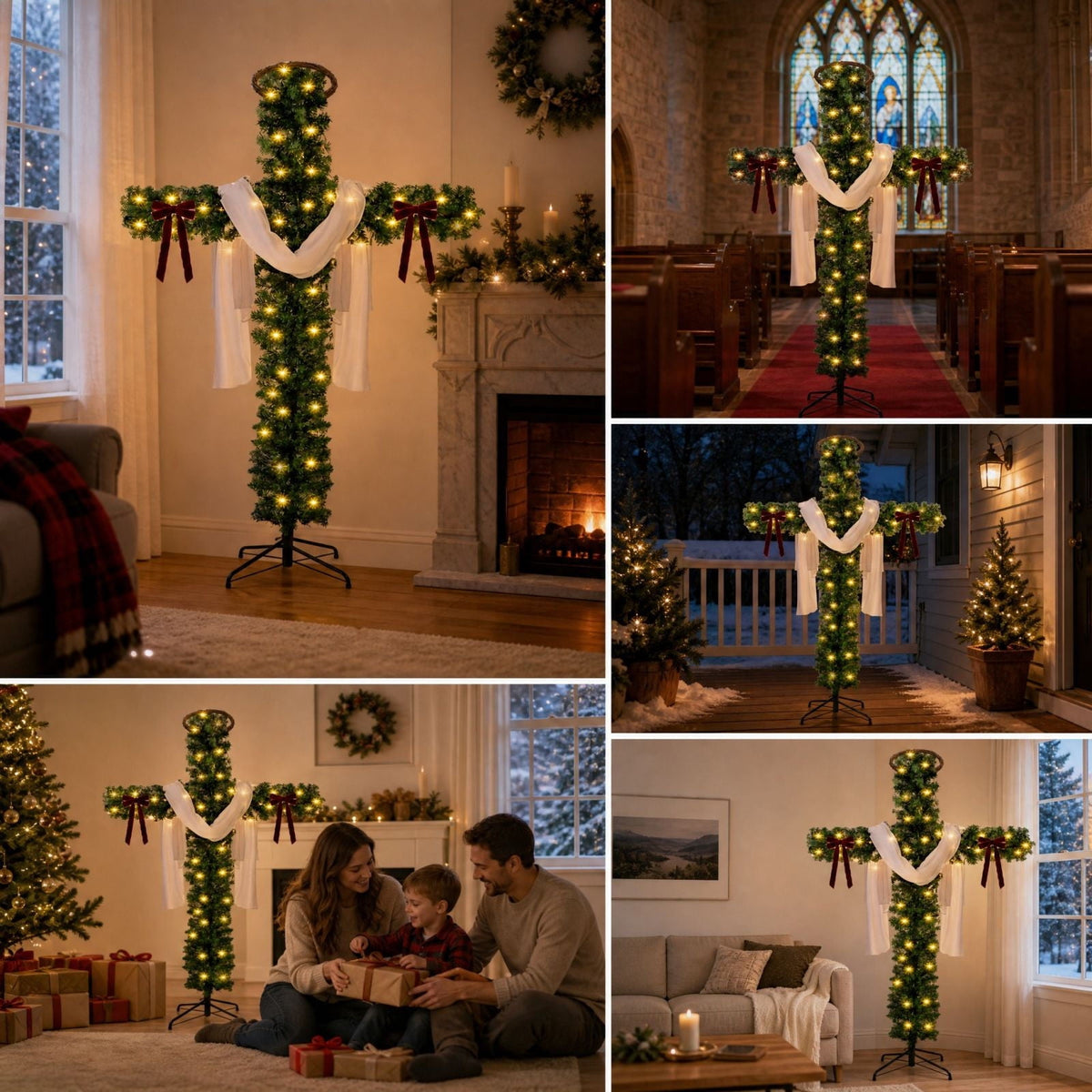 YAMB Pre-Lit Cross Shaped Christmas Tree, Artificial Pine Cross Tree with Warm Light Strings, Scarf, Bows & Rattan Ring, Foldable LED Lighted Holiday Decor with Metal Stand for Indoor Home Decor