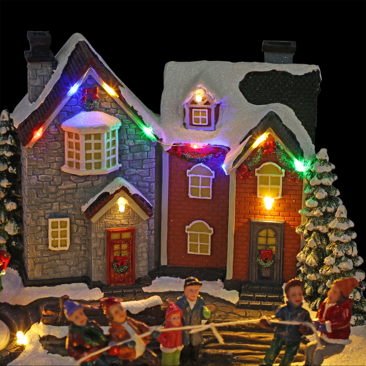 Alpine Corporation Animated Children Playing in Christmas Village Holiday Tabletop Decor with 26 Multicolor LED Lights and 5.9' Cord, 17" L x 11" W x 9" H