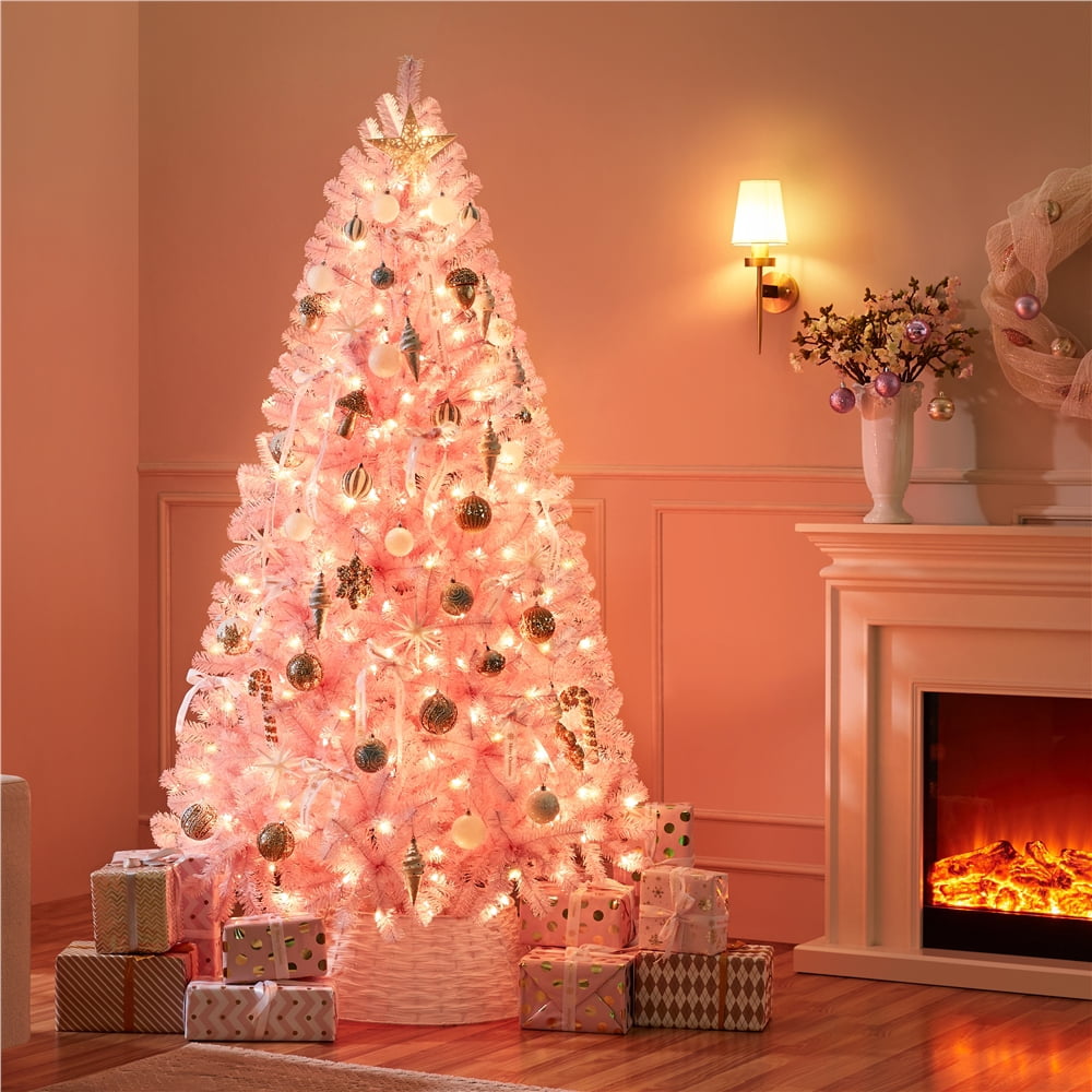 Alden Design 7.5ft Pre-Lit Fir Artificial Christmas Tree with Foldable Stand, White