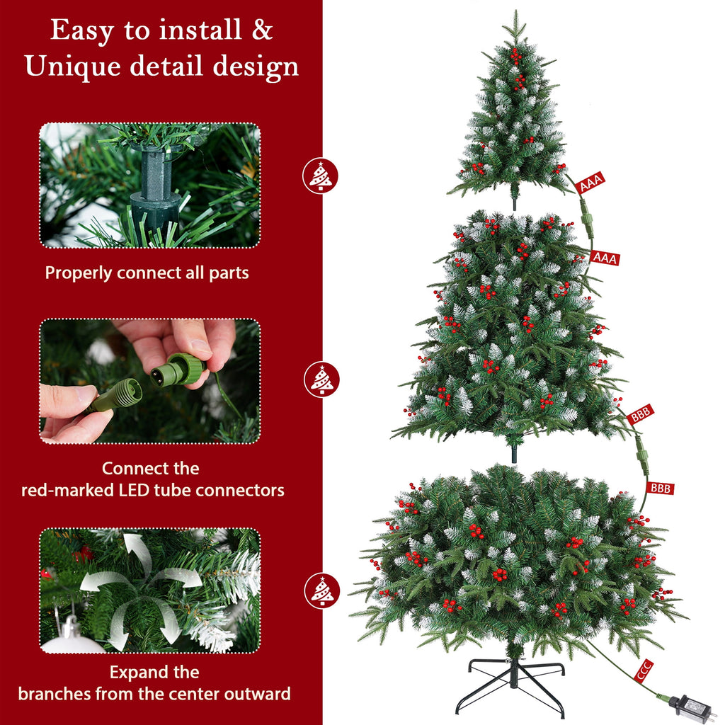 Yexmas 7.5ft Pre-Lit Artificial Christmas Trees,Green Xmas Tree with Large Christmas Tree Storage Bag, Berries, Realistic Artificial Christmas Trees for Home, Office, Party Decoration