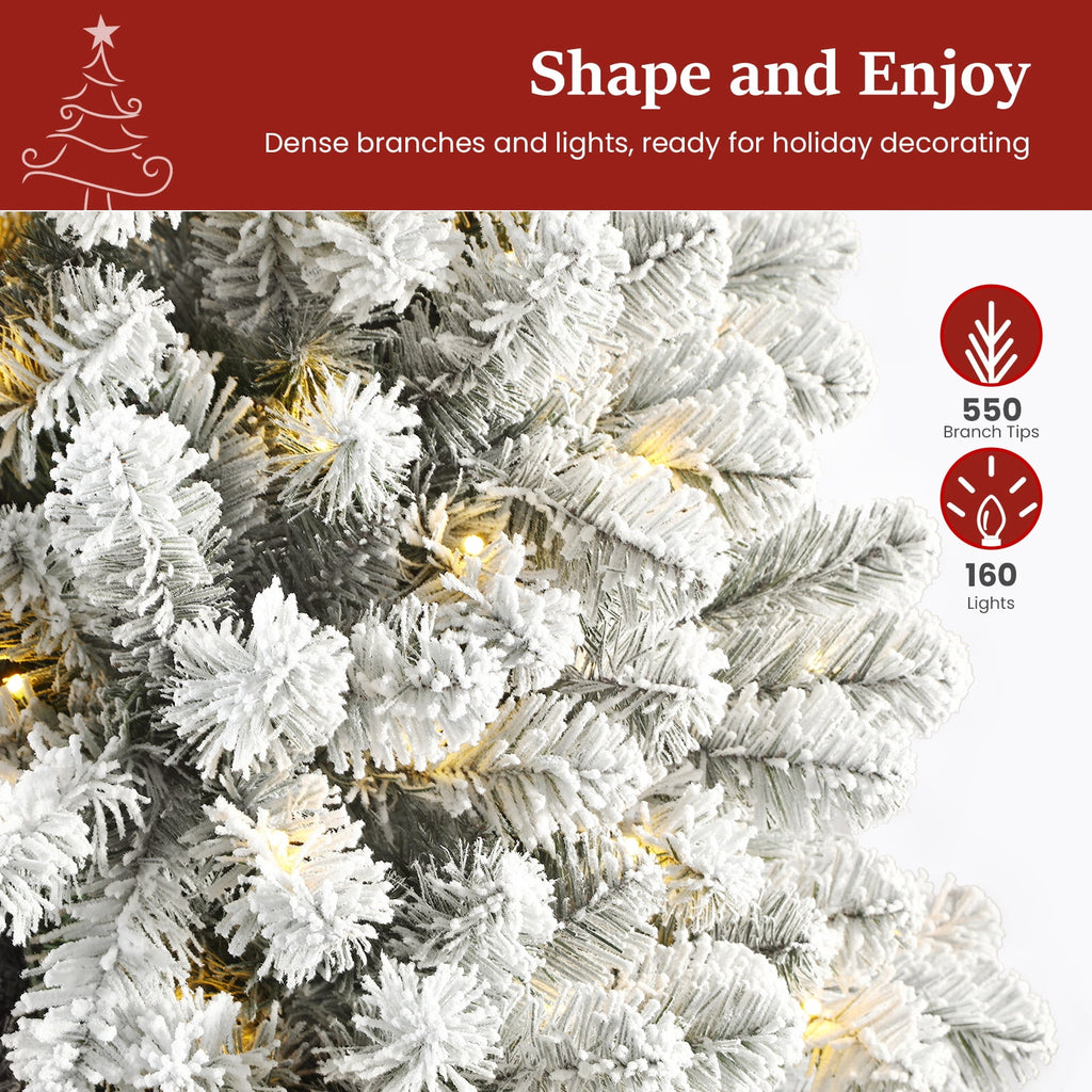 Lolsea 7ft Prelit Snow Flocked Artificial Holiday Christmas Tree w/ Warm White Lights, Foldable Stand, Full Snow Branch Tips