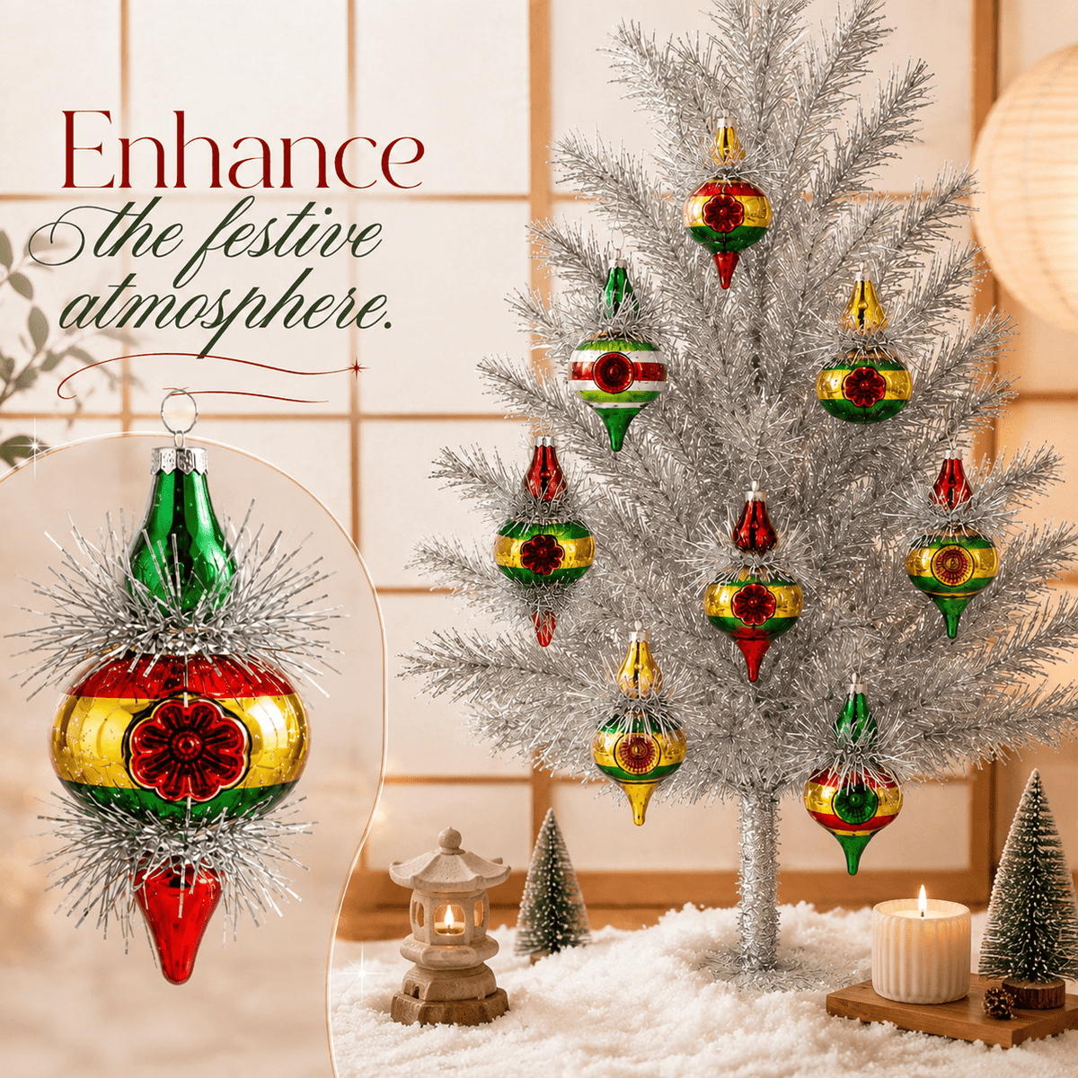 Multi Color Retro 8-Piece Vintage Glass Christmas Ornament Set
