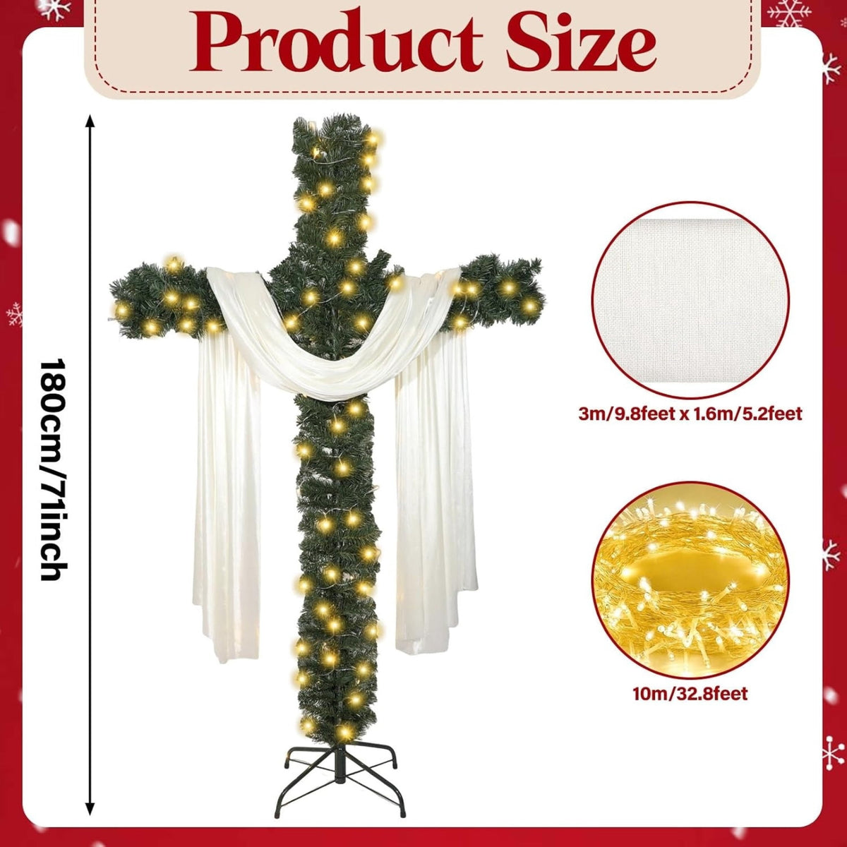 Artificial Cross Christmas Tree with Lights, White Scarf and Metal Stand