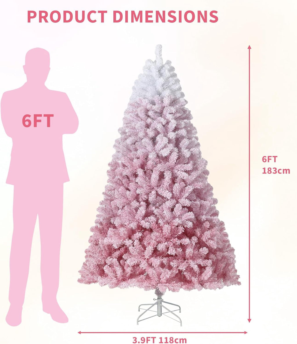 6FT Pre-Lit Snow Flocked Christmas Tree, Pink Gradient Design with 250 RGB & Warm White LED Lights, Sturdy Foldable Metal Stand for Living Room, Office & Holiday Display