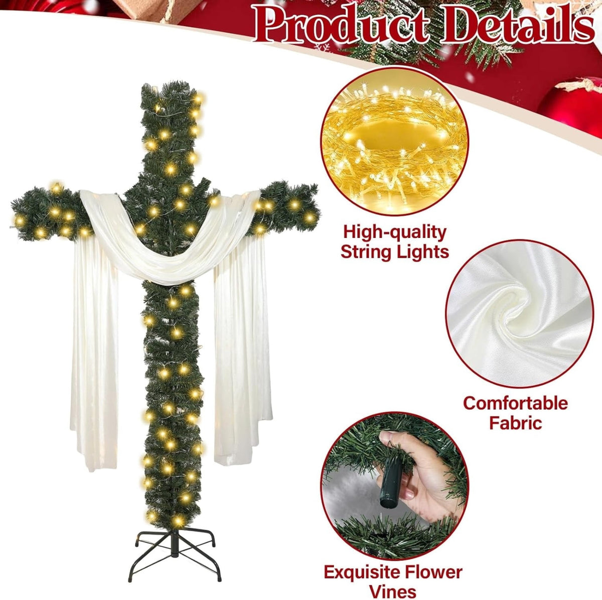 Artificial Cross Christmas Tree with Lights, White Scarf and Metal Stand