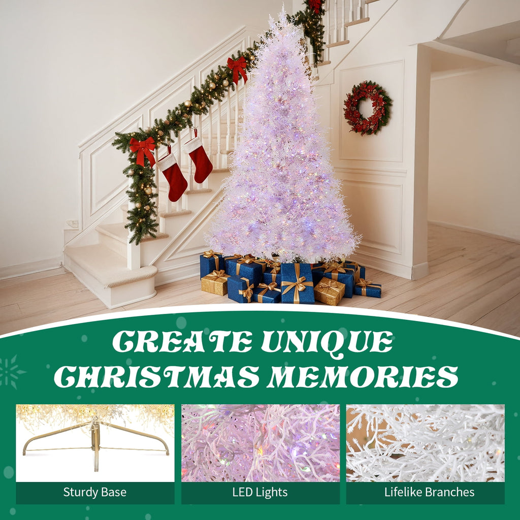 7FT White Christmas Tree, 400 LED Lights with 3 Modes Warm White Multi-color Macaroon, 1218 PE Branch Tips, Flame-Retardant, Reinforced Metal Stand, Indoor Living Room Entryway Office Holiday Decor