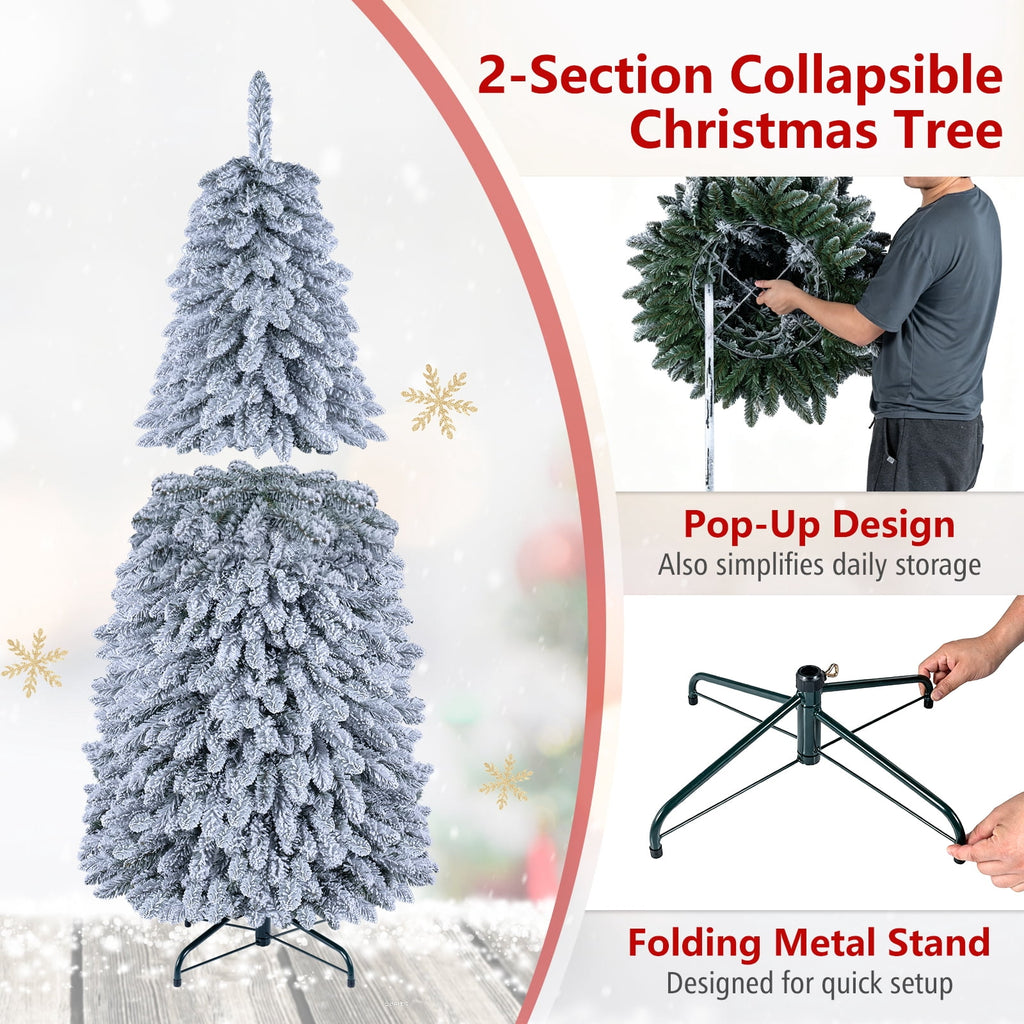 Costway 5 FT Pre-Lit Slim Christmas Tree Flocked Xmas Decoration 11 Modes 150 LED Lights
