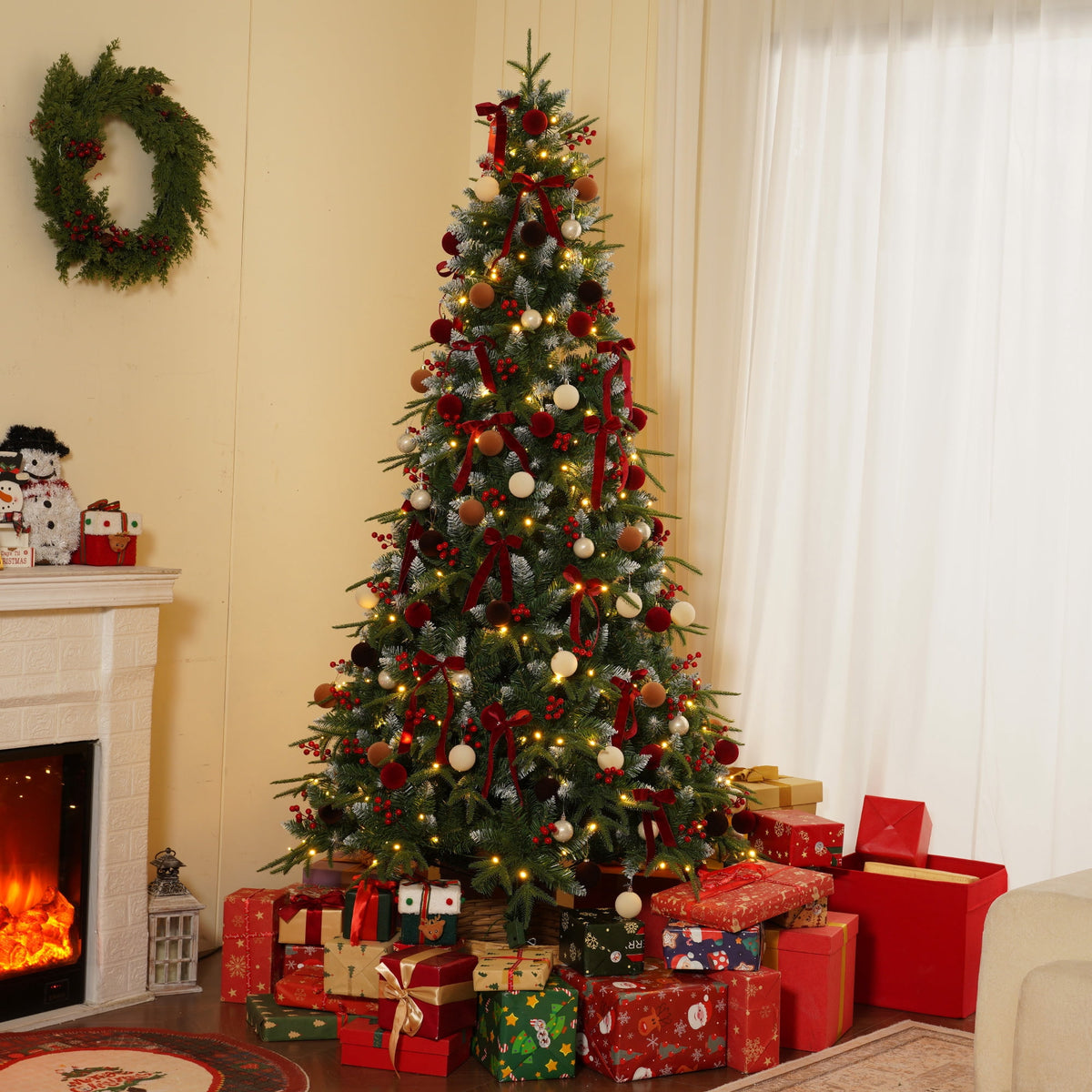 Yexmas 7.5ft Pre-Lit Artificial Christmas Trees,Green Xmas Tree with Large Christmas Tree Storage Bag, Berries, Realistic Artificial Christmas Trees for Home, Office, Party Decoration