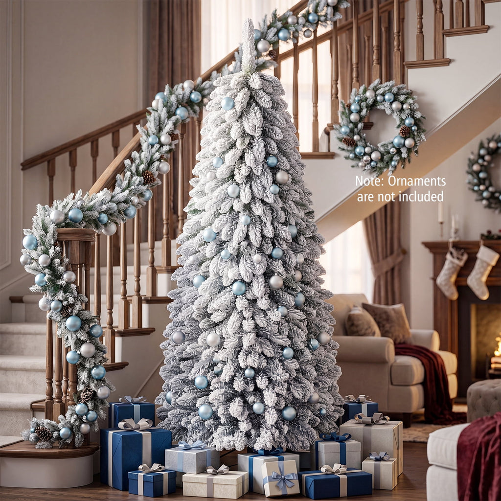 Costway 5 FT Pre-Lit Slim Christmas Tree Flocked Xmas Decoration 11 Modes 150 LED Lights