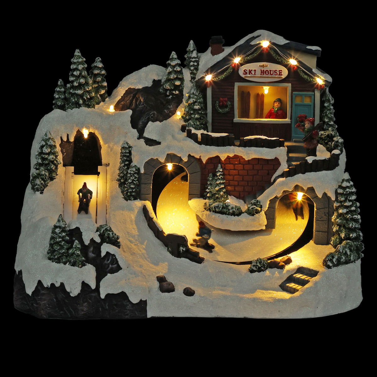 Alpine Corporation Animated Children Playing in Christmas Village Holiday Tabletop Decor with 26 Multicolor LED Lights and 5.9' Cord, 17" L x 11" W x 9" H