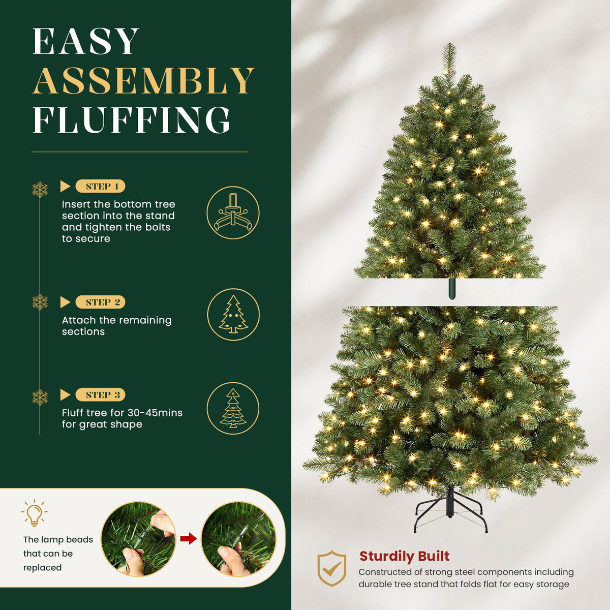 Lolsea 7ft Pre-Lit Premium Artificial Hinged Christmas Tree w/ Warm White Lights, Perfect Choice for Xmas Decoration