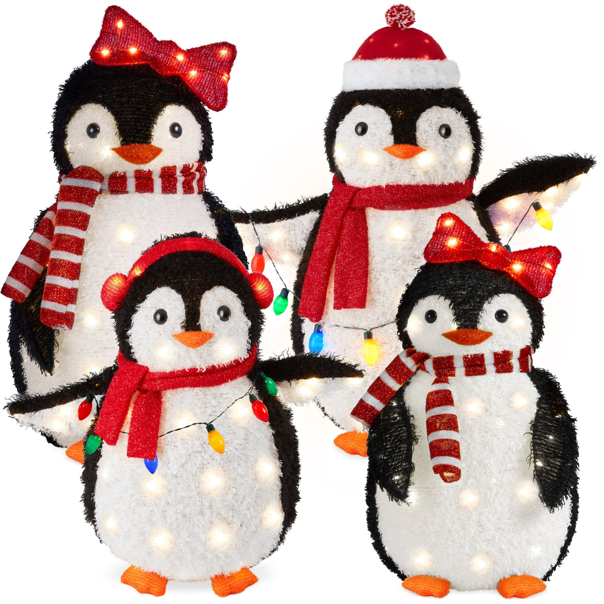 Best Choice Products 4-Piece Lighted 3ft Pop-Up Penguin Family Outdoor Christmas Decoration w/ 300 LED Lights - Red