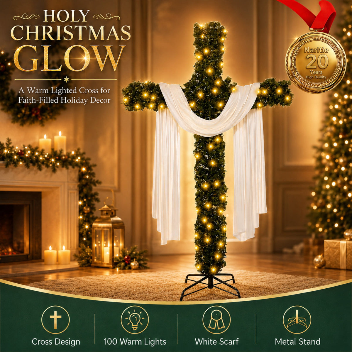 Christmas Tree, Artificial Cross Design with Lights, White Scarf and Metal Stand