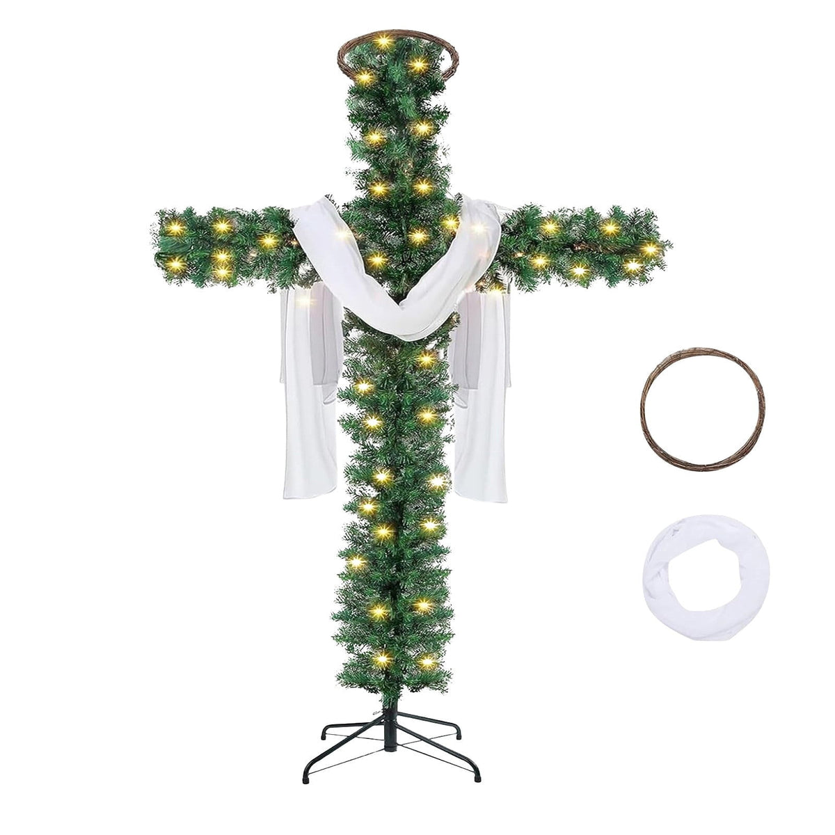 Christmas Tree Shaped Like a Cross, Foldable Cross Christmas Tree, Pre-Lit Artificial Pine Christmas Cross, White Scarves and Wooden Rattan Ring, Large Christmas Decorations (S)