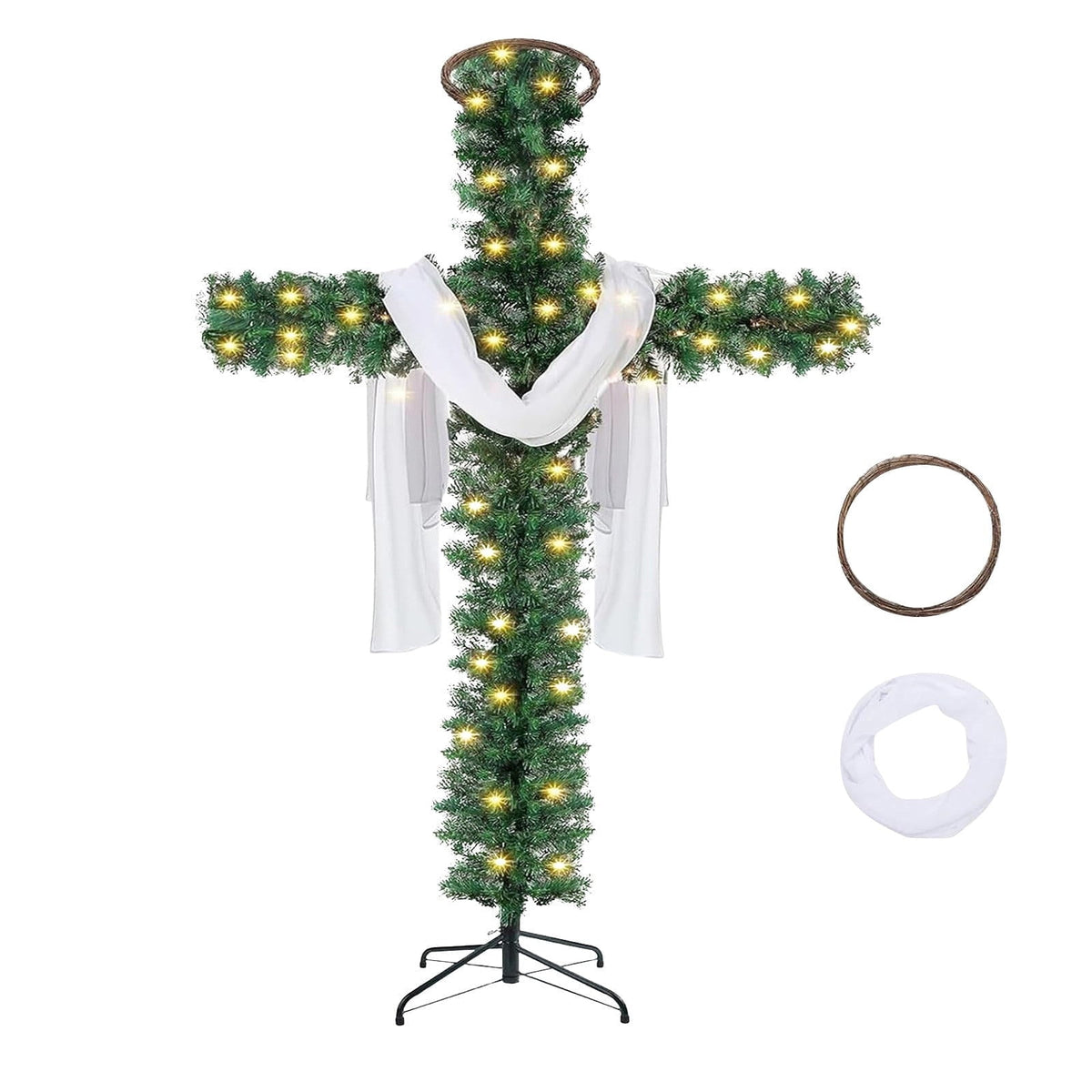 Christmas Tree Shaped Like a Cross, Foldable Cross Christmas Tree, Pre-Lit Artificial Pine Christmas Cross, White Scarves and Wooden Rattan Ring, Large Christmas Decorations (S)