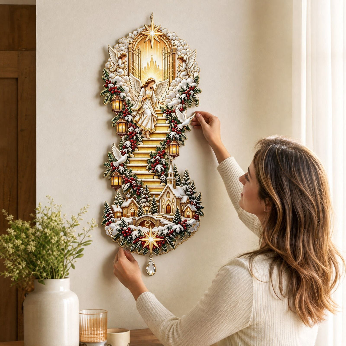 5Pcs Christmas Stair Banister Decoration Lighted Santa Snow Scene Garland for Stair Railing Indoor Holiday Home Ornament