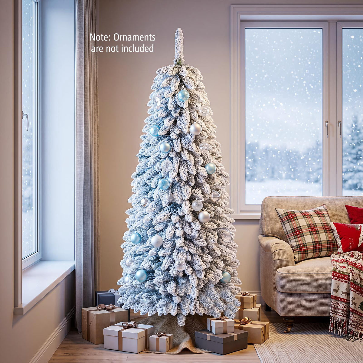 Costway 5 FT Pre-Lit Slim Christmas Tree Flocked Xmas Decoration 11 Modes 150 LED Lights
